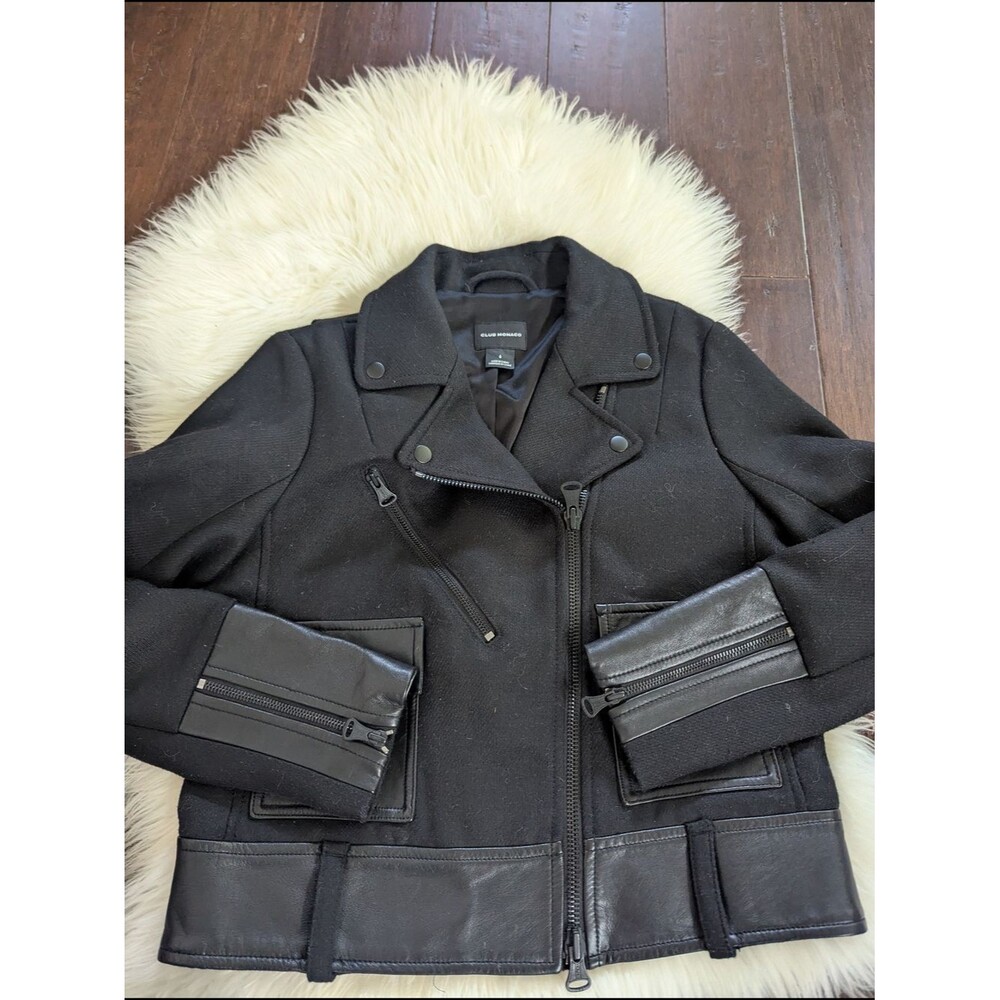 Club Monaco Wool Leather Moto Full Zip Jacket Black Size 6